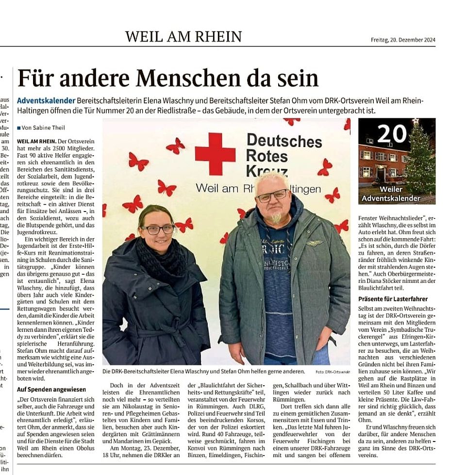 Artikel Adventsfenster Weiler Zeitung vom 20. Dezember 2024