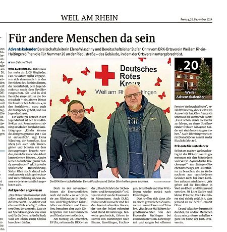 Artikel Adventsfenster Weiler Zeitung vom 20. Dezember 2024